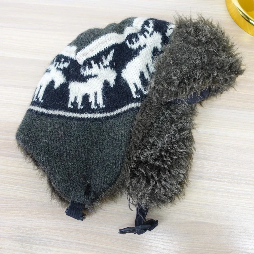 Trapper Hat Kids Green Reindeer Wool Aviator Faux Fur Trim Winter BLACK RIVET
